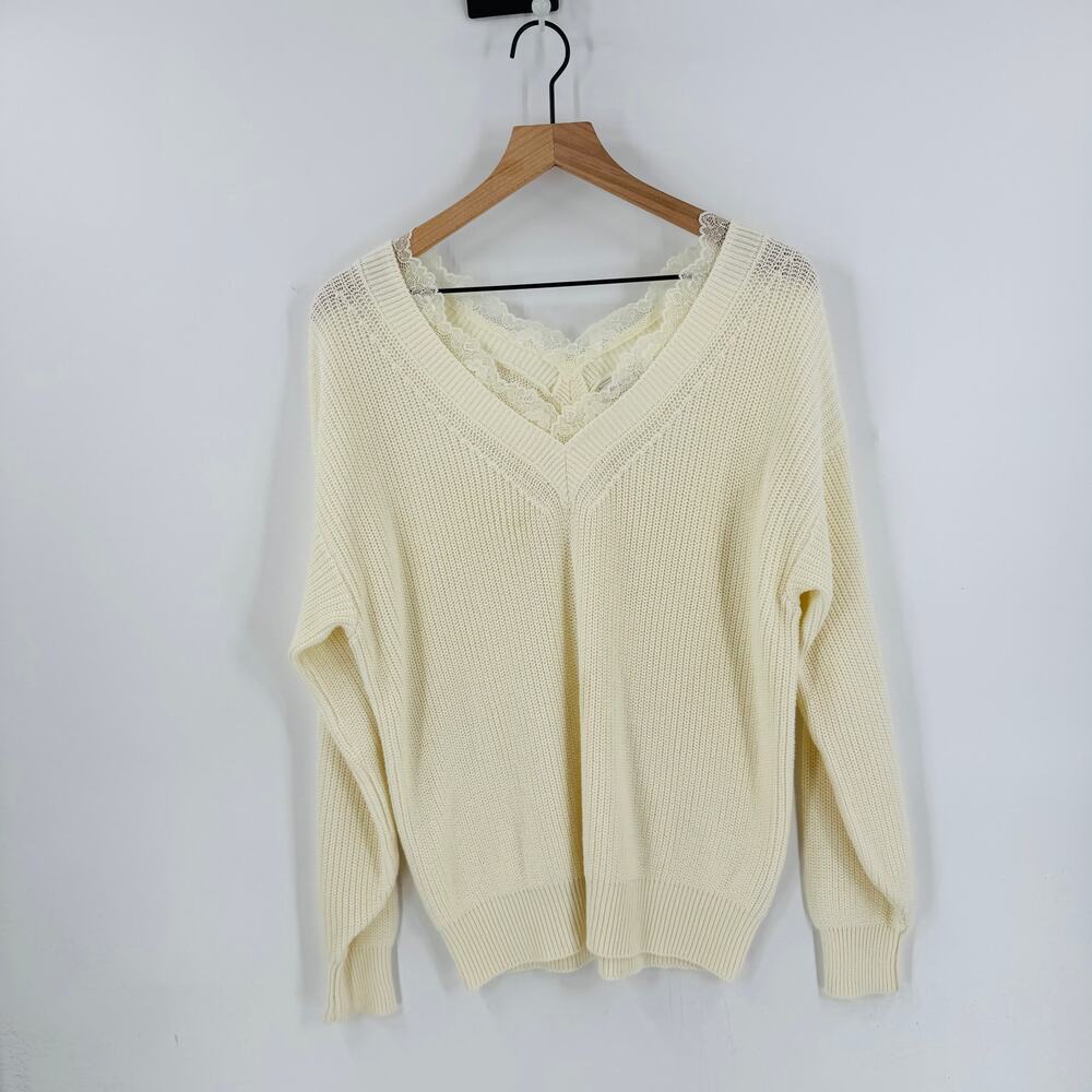 CLEARANCE Lascana Cream Knit Sweater Lace Trim V-Neck Pullover Size 4/6